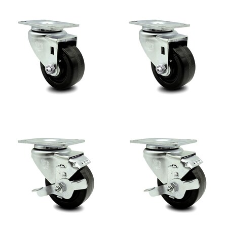 Service Caster 3.5 Inch Phenolic Wheel Swivel Top Plate Caster Set with 2 Brakes SCC-20S3514-PHR-2-TLB-2